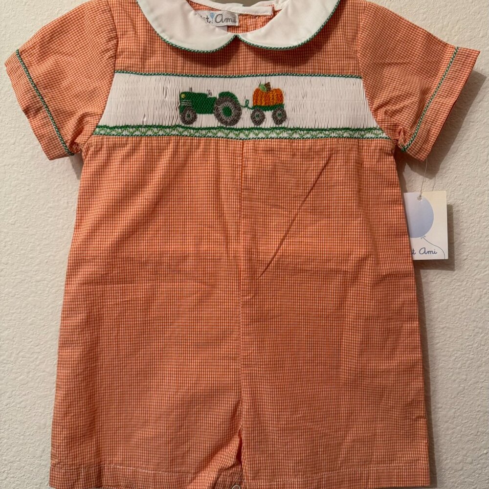 Petit Ami Orange Check Pumpkin Tractor Smocked Boys Romper 12 Months